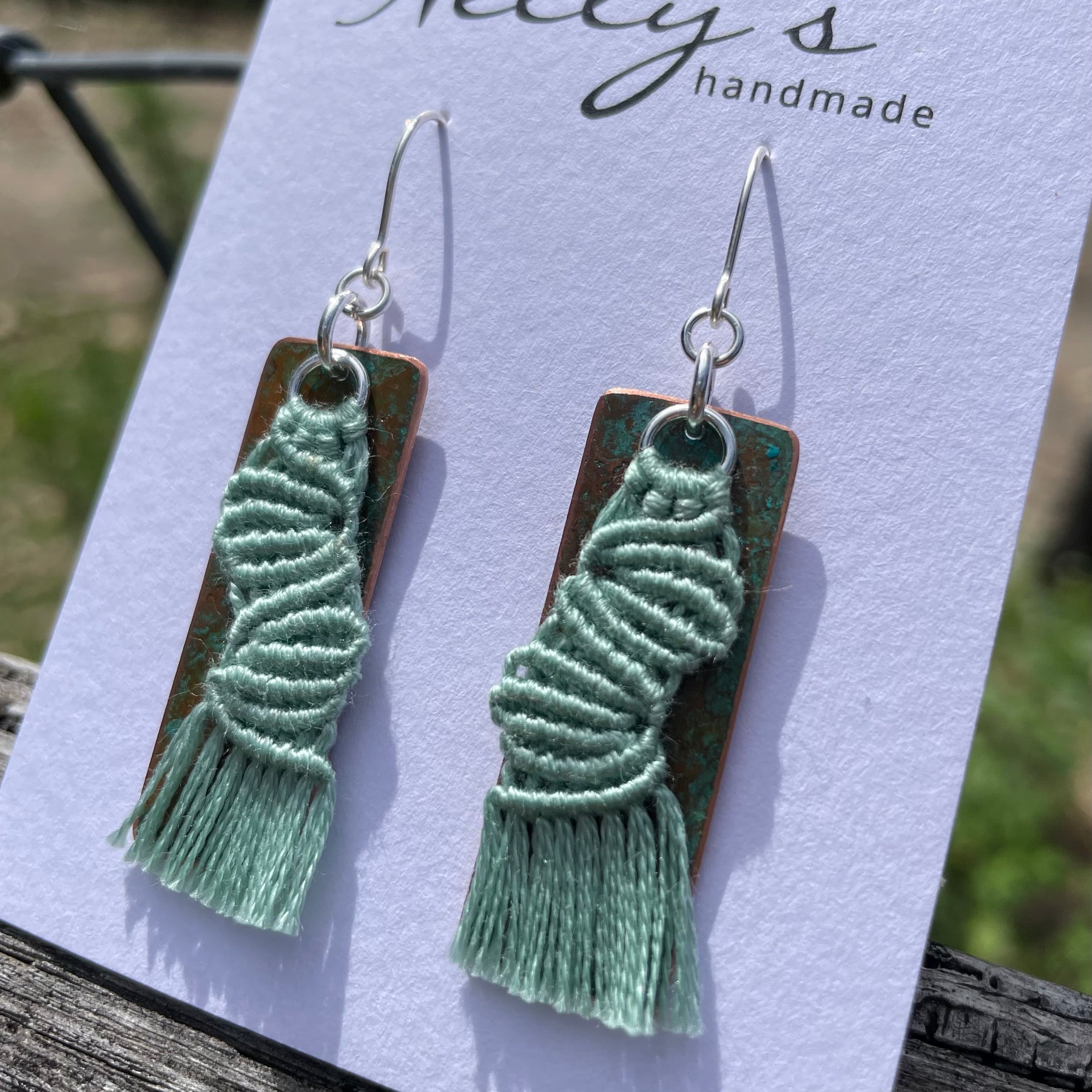 Sage green macrame thread on patinated copper