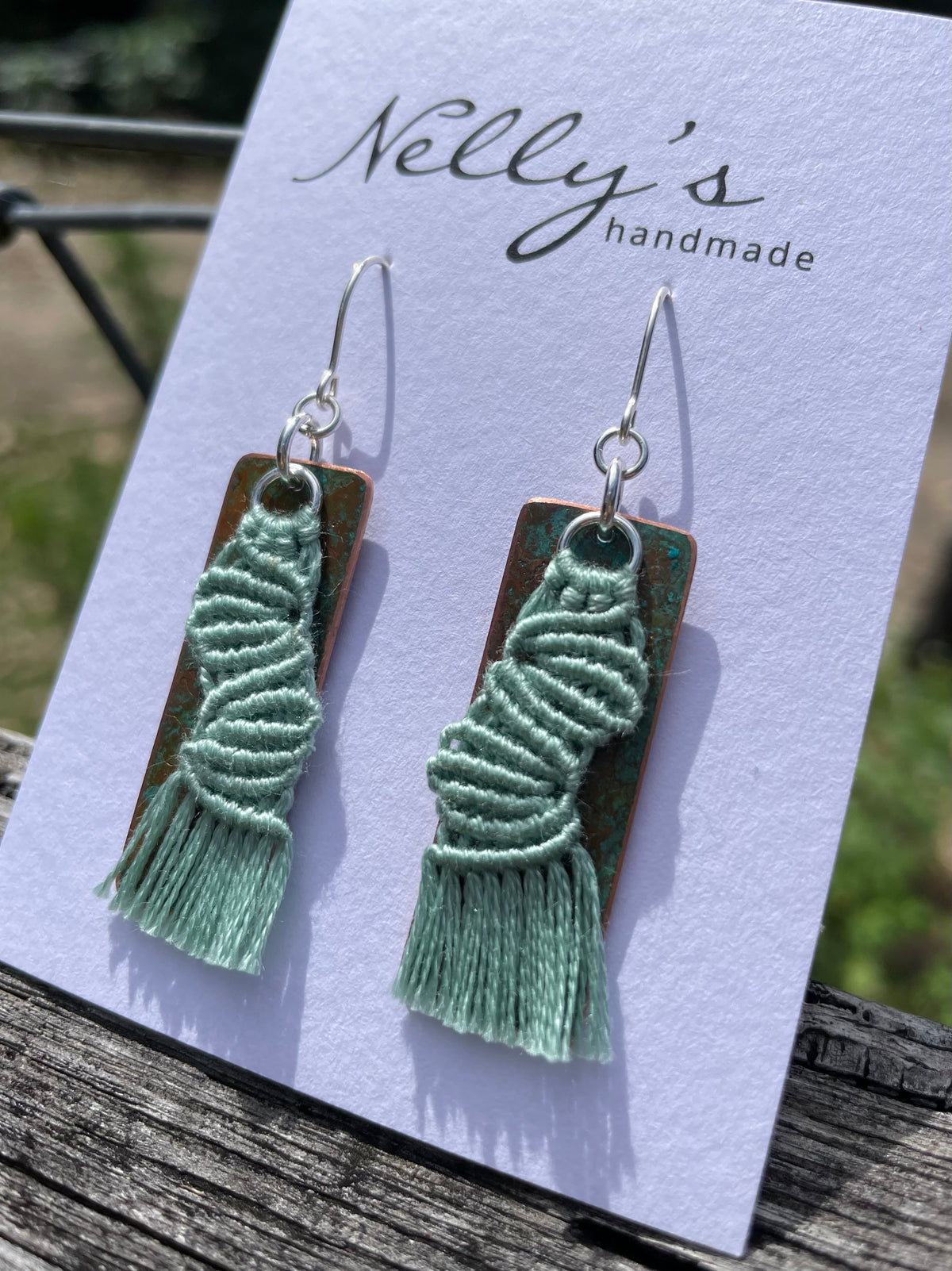 Sage green macrame thread on patinated copper