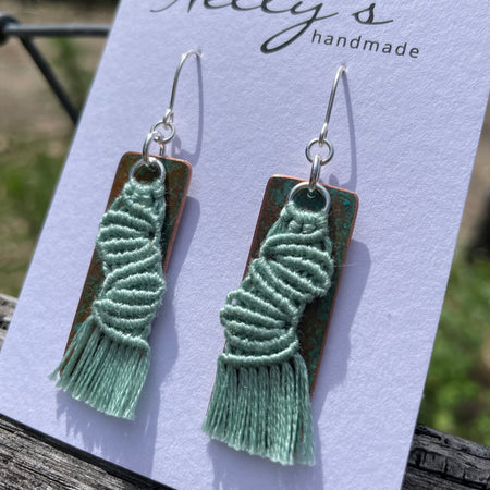 Sage green macrame thread on patinated copper
