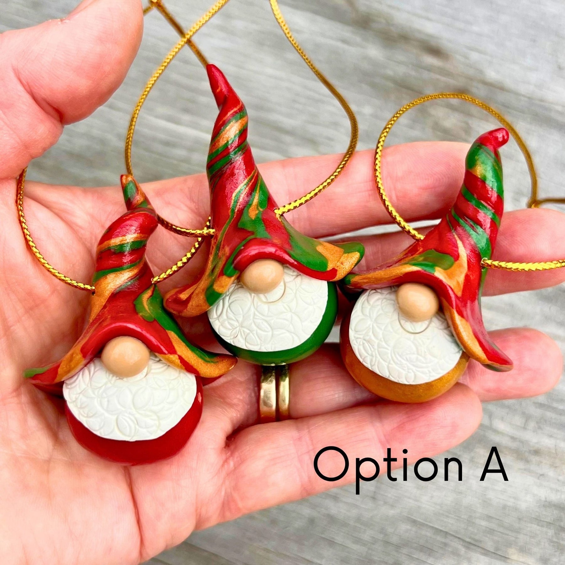 Whimsical Gnome Christmas bauble trio - red, green & gold