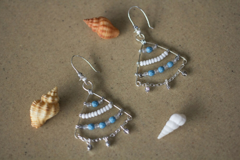 Blue and White Beaded Dangle Earrings, Tribal Style Earrings