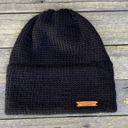 Black Merino Beanie, Mens Winter knitted beanie