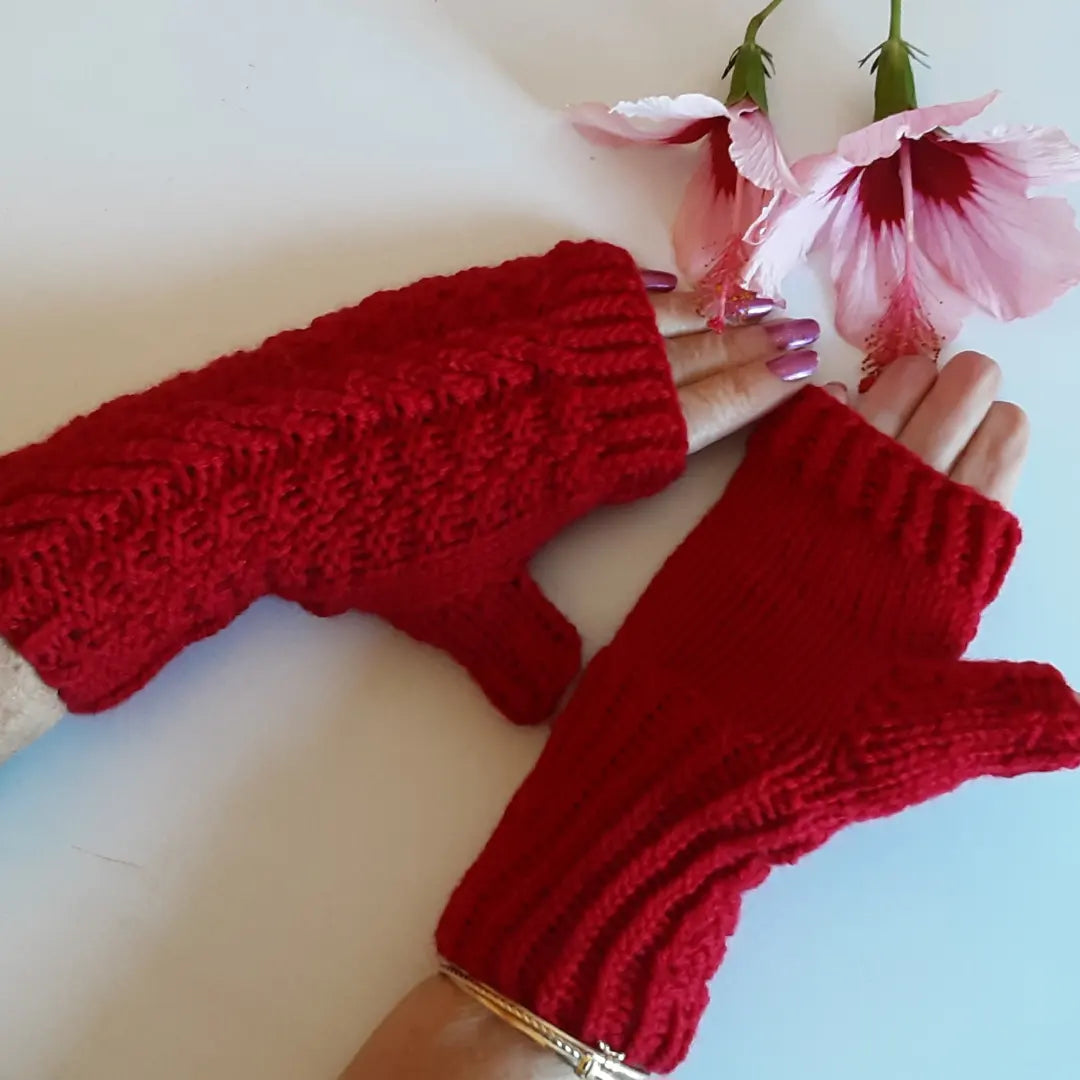 Pure wool red fingerless mittens