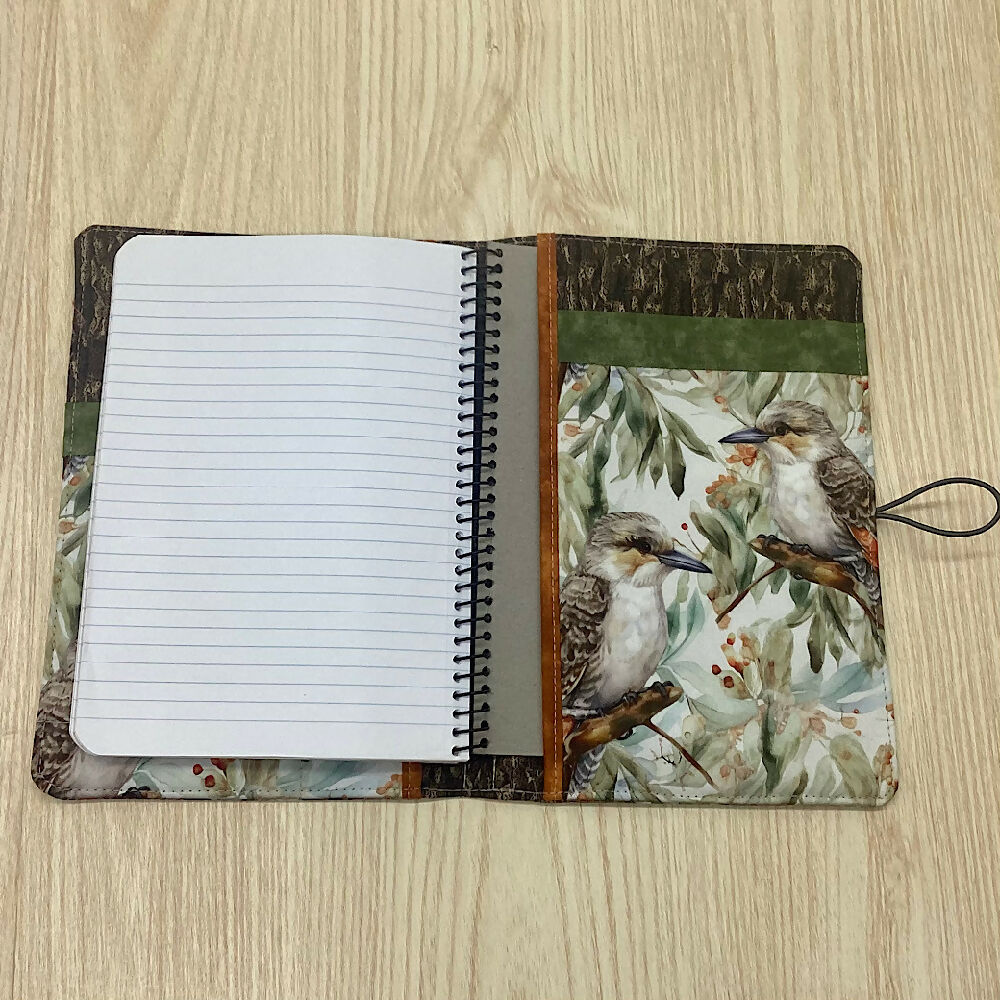Australian kookaburra refillable A5 fabric notebook cover gift set - Incl. book and pen.