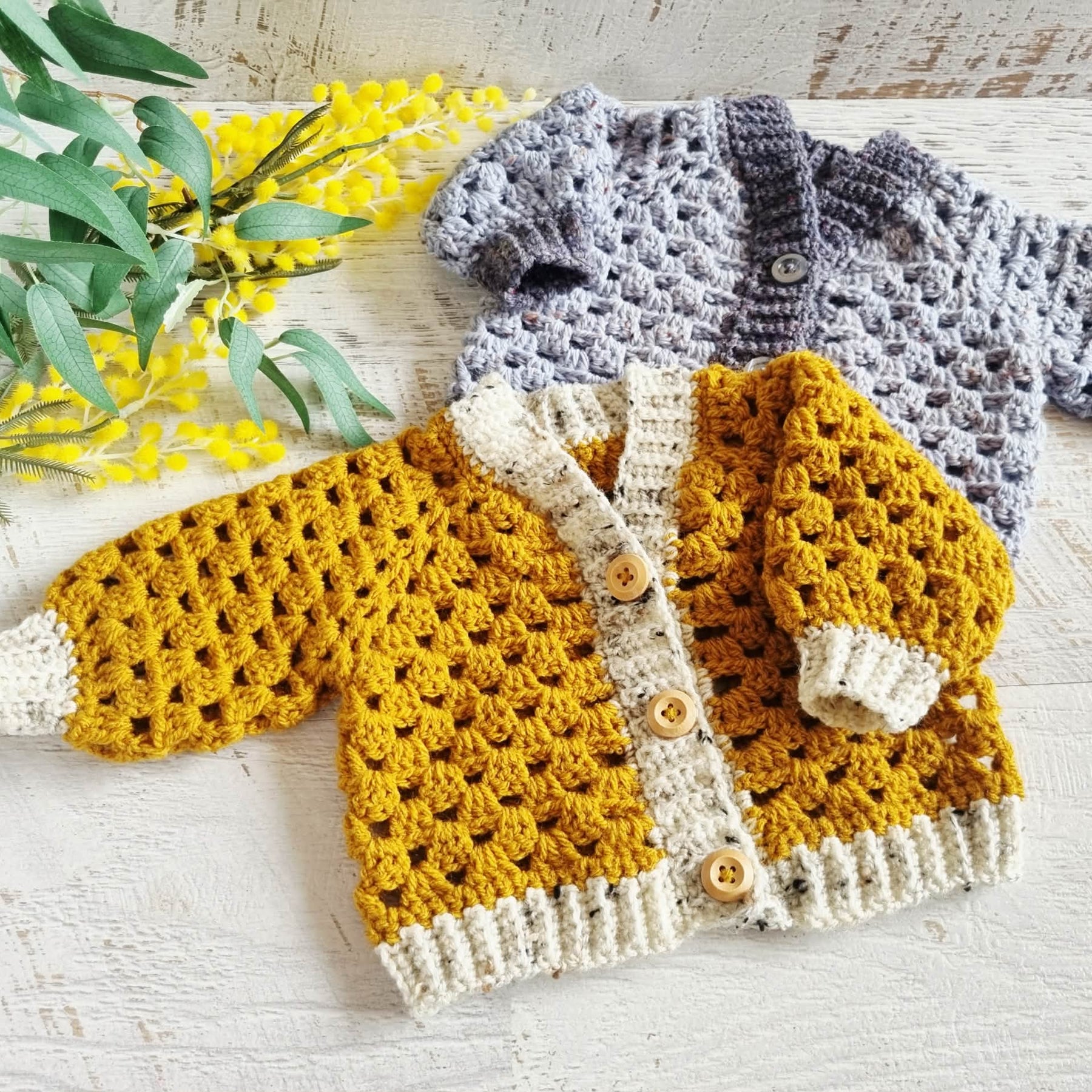 Baby Cardigan | Grey or Mustard | Newborn | Granny Stitch | Handmade | Crochet | 0-3 months