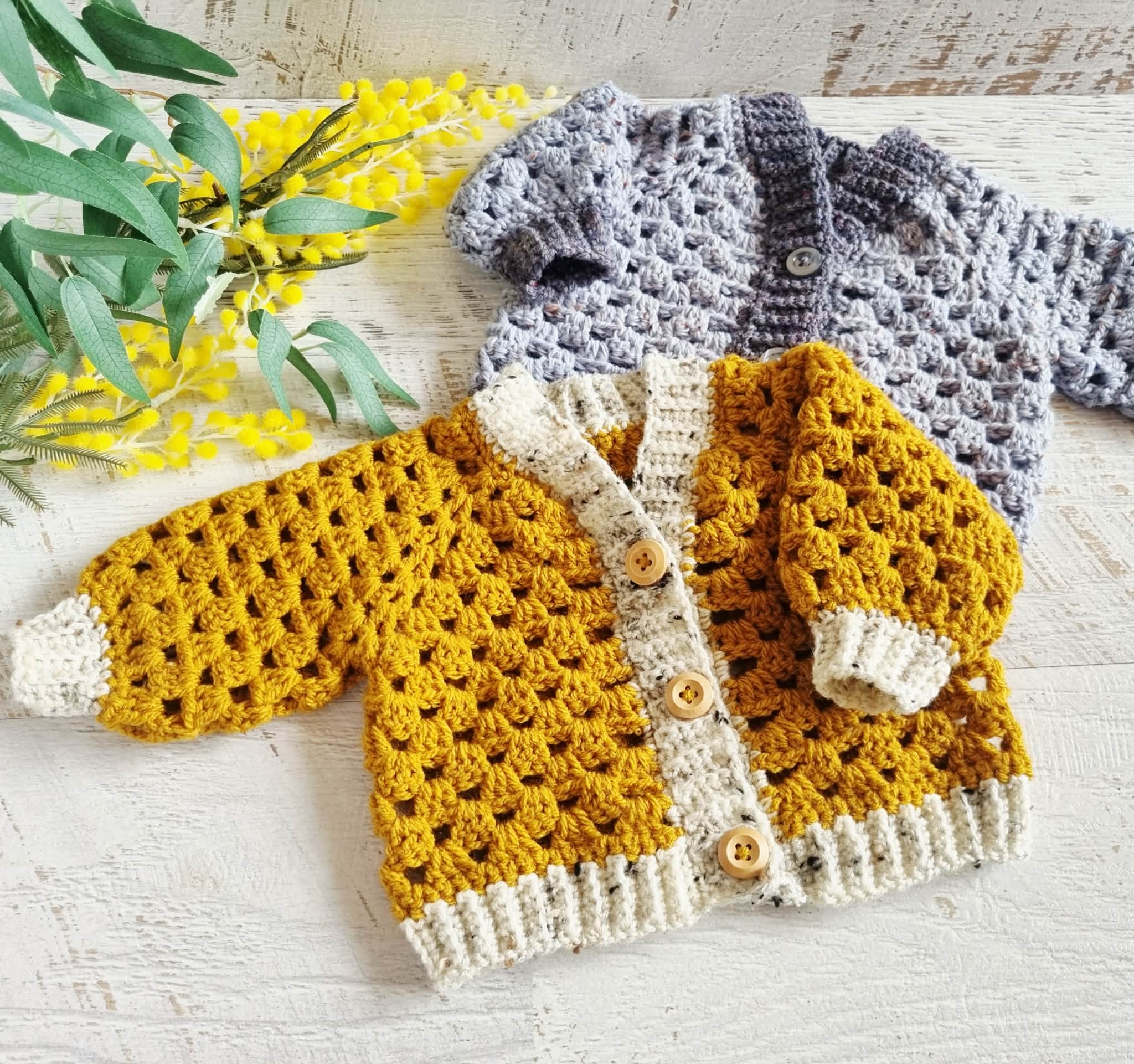 Baby Cardigan | Grey or Mustard | Newborn | Granny Stitch | Handmade | Crochet | 0-3 months