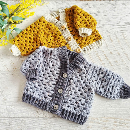 Baby Cardigan | Grey or Mustard | Newborn | Granny Stitch | Handmade | Crochet | 0-3 months