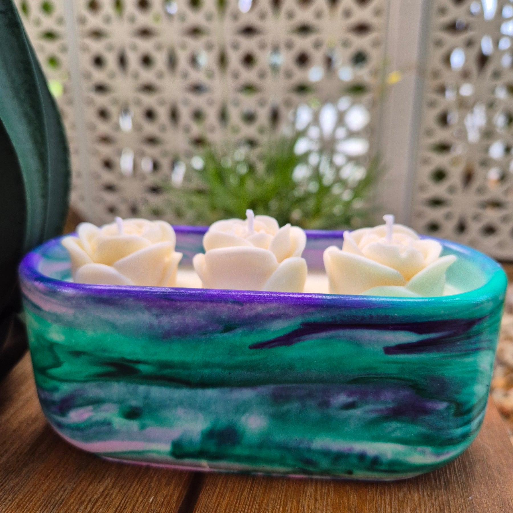 Green and purple concrete bowl candle with gardenia and roses