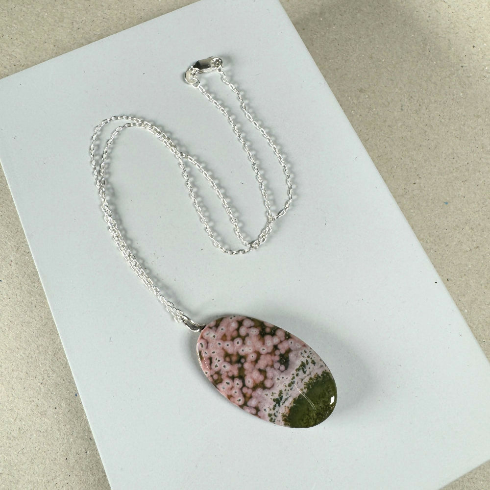 Ocean jasper necklace pink & green side