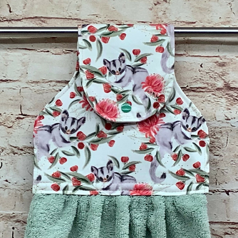 Possums hanging hand towel with fabric and loop top. - 3 Designs