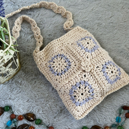 Crochet handbag (cream with blue flower - 16cm(W) x 57cm(H) )