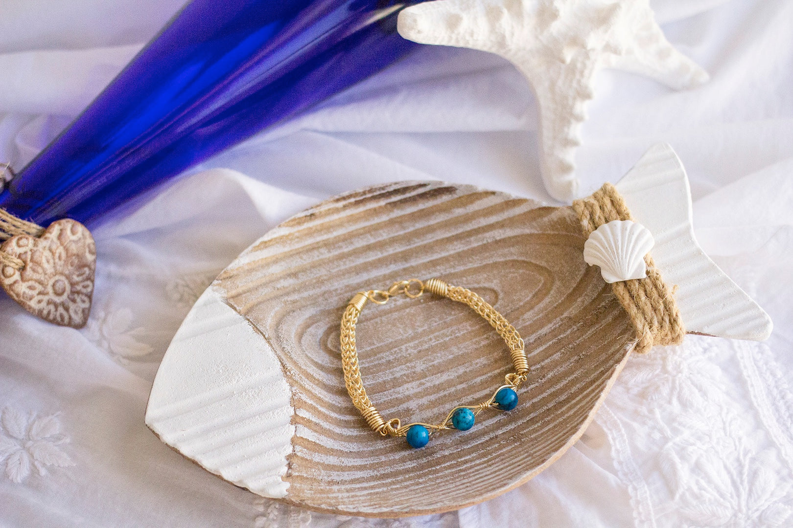 Gold Wire Knitted Bracelet With Blue Jasper Stone