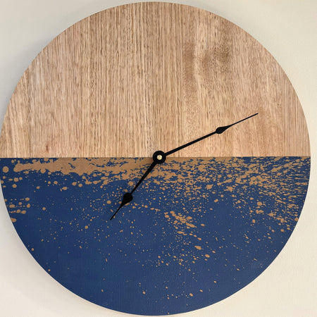 Horizon – Handmade Tasmanian Oak Wall Clock | Navy Blue Splatter Design, Silent Movement | 30cm or 40cm