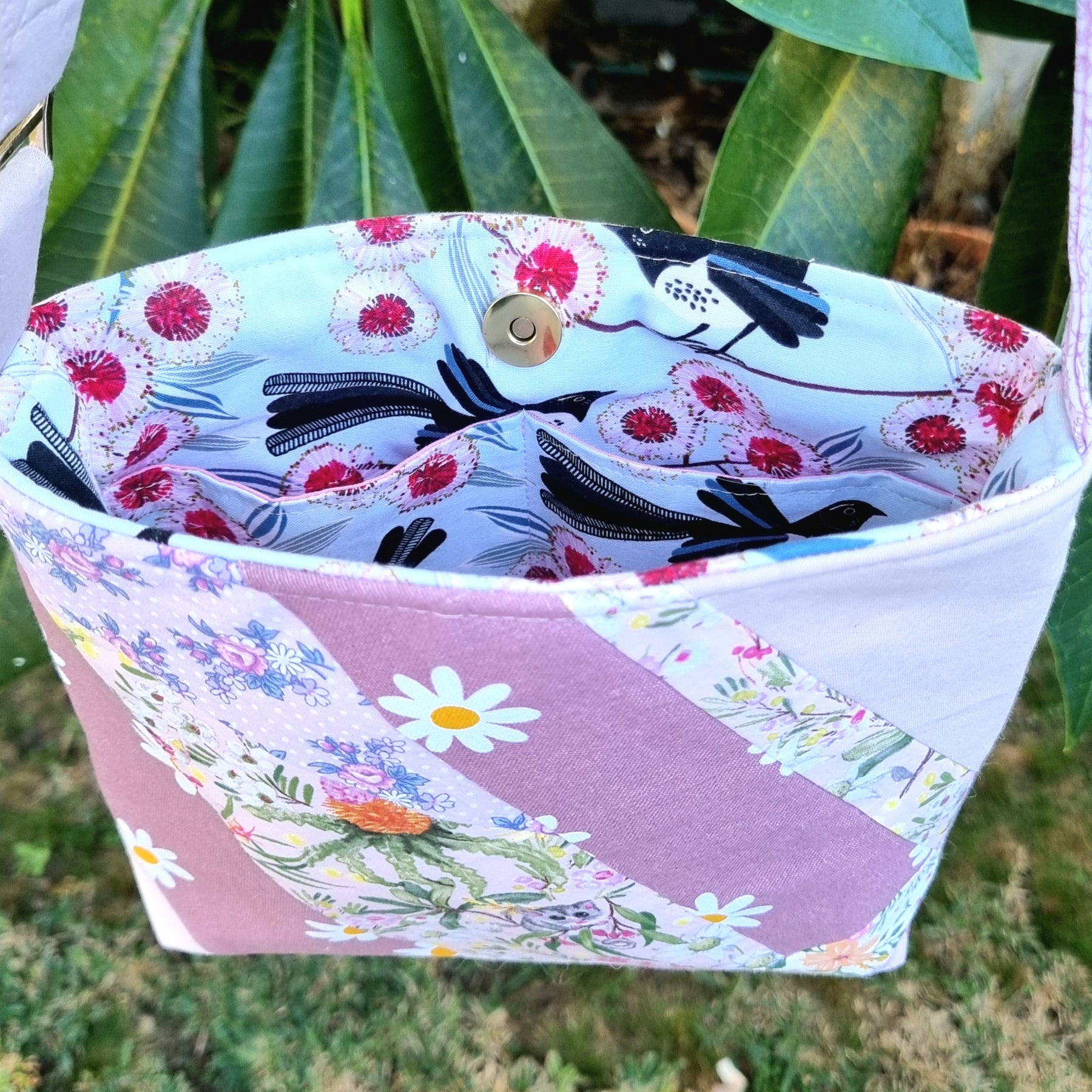 Repurposed Remnants Pink Patchwork Crossbody Bag | Made with fabric scraps