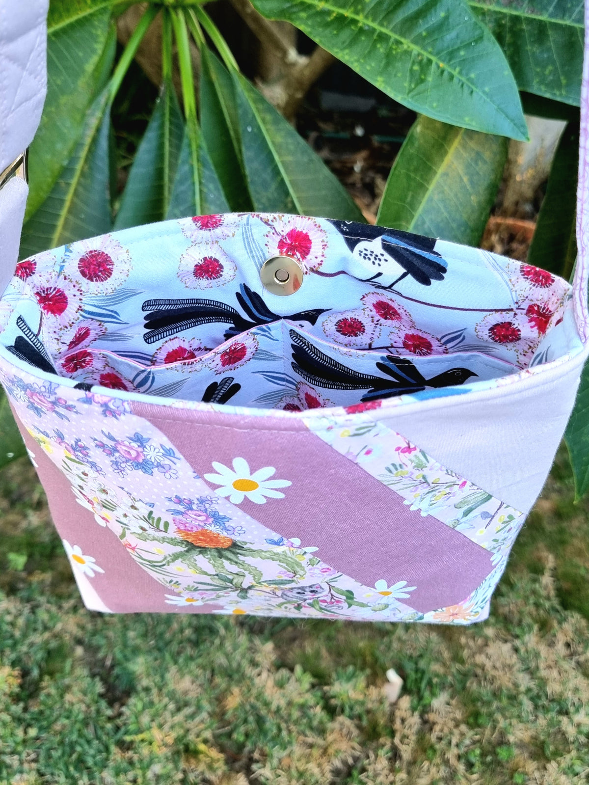 Repurposed Remnants Pink Patchwork Crossbody Bag | Made with fabric scraps