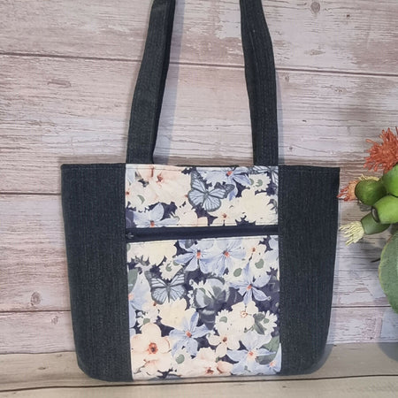 Upcycled small tote bag - denim, flowers & butterflies