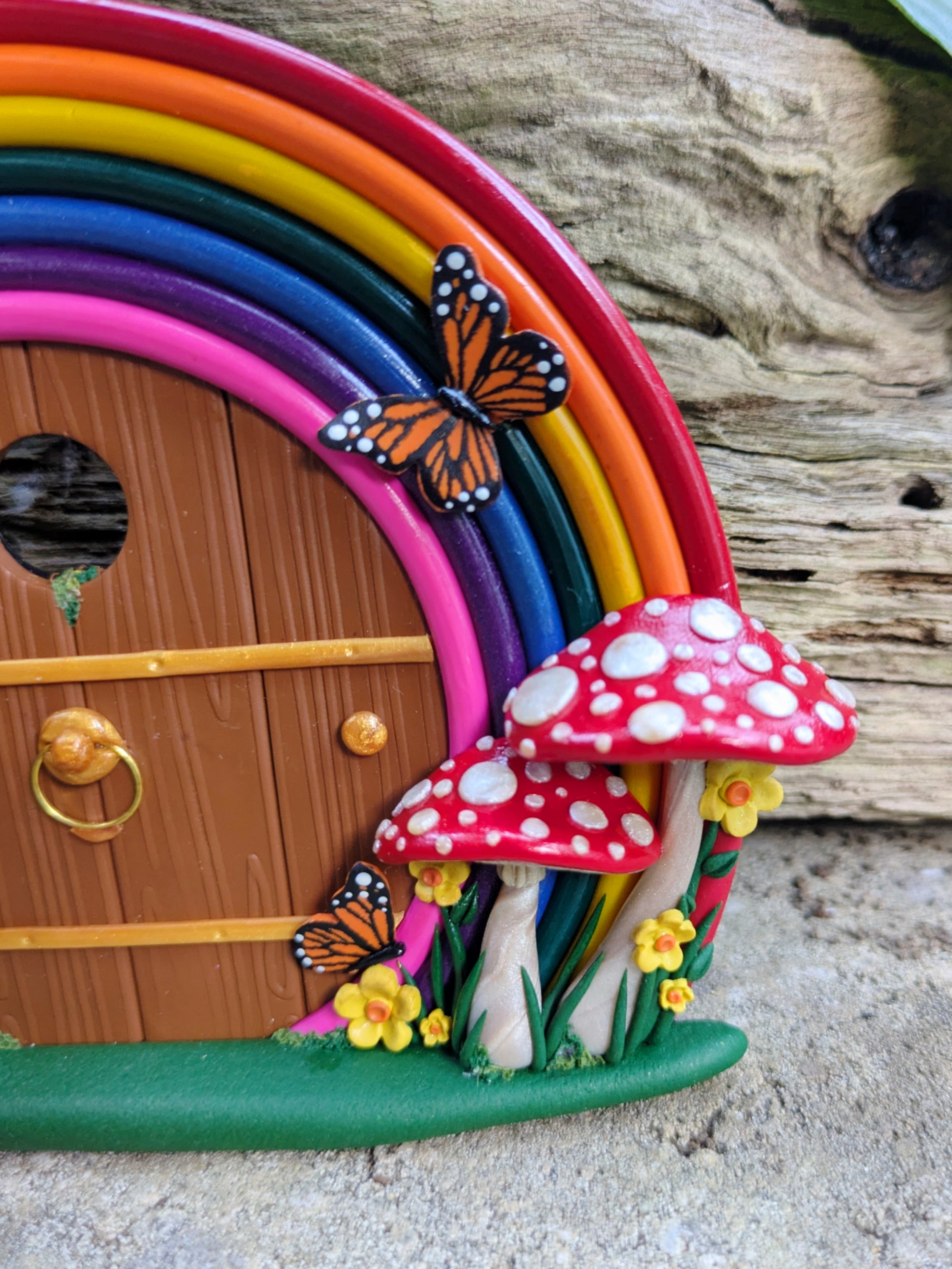Hand-Sculpted Rainbow Fairy Door with Butterfly-Winged Frog