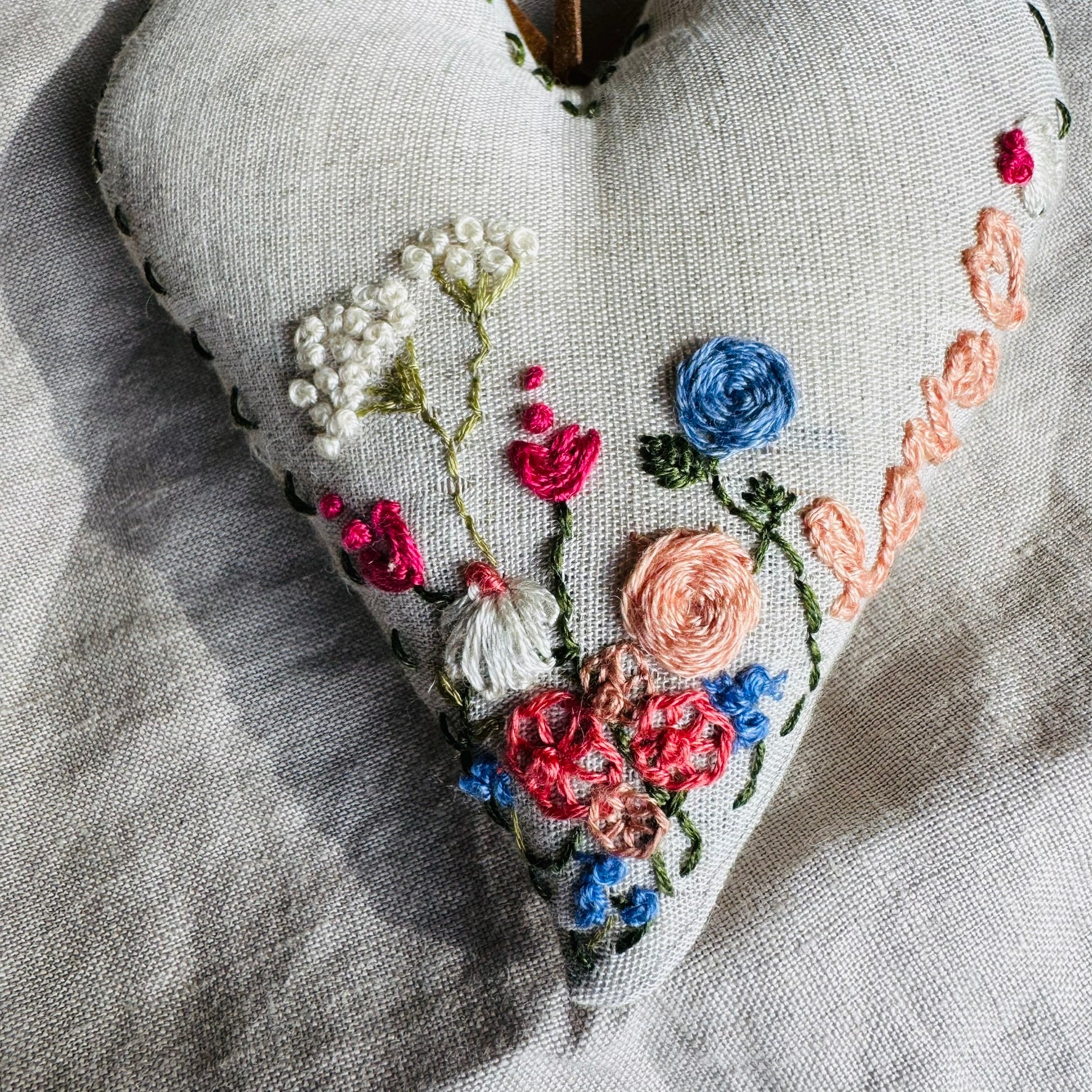 Hand Embroidered Keepsake Heart filled with Australian wool - love