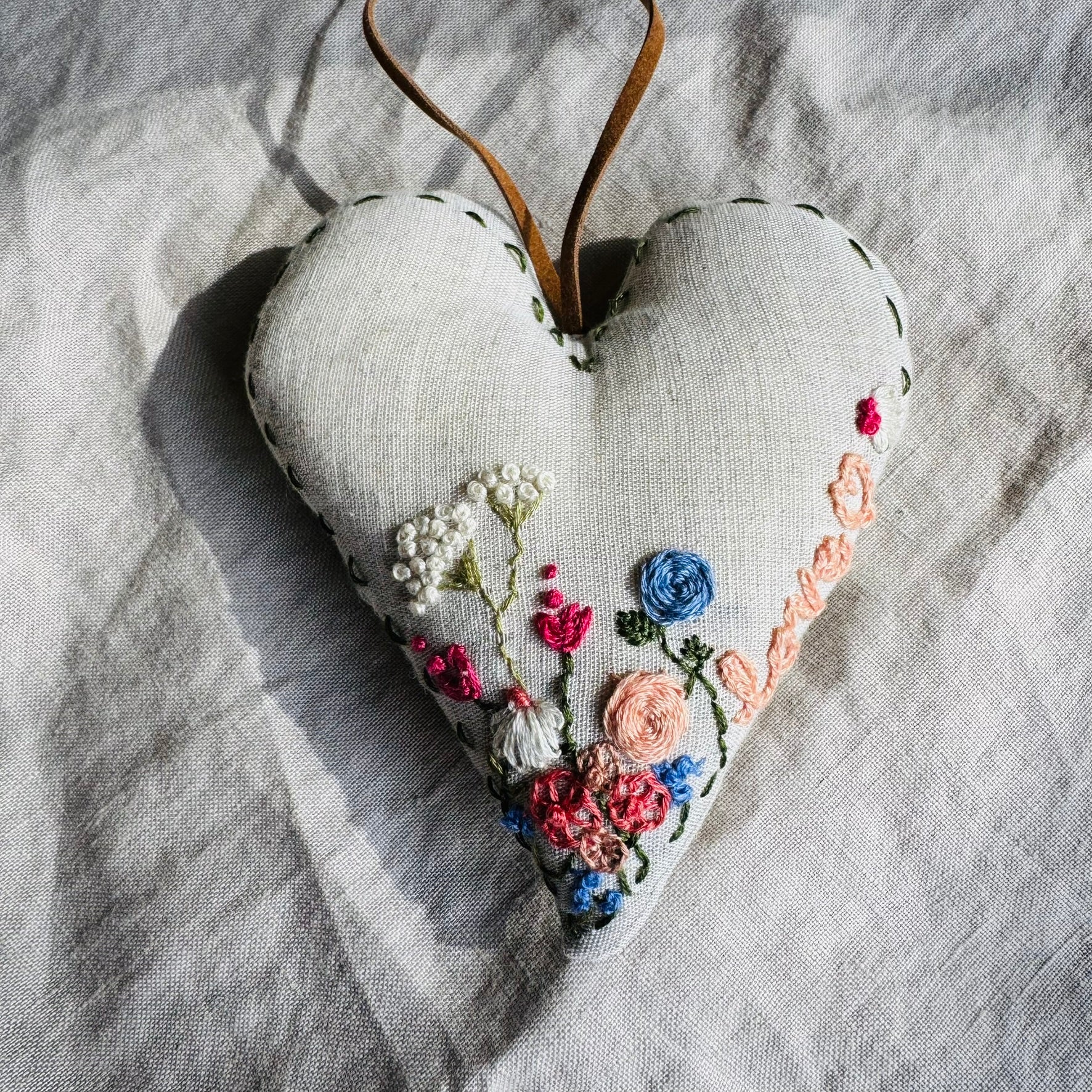 Hand Embroidered Keepsake Heart filled with Australian wool - love