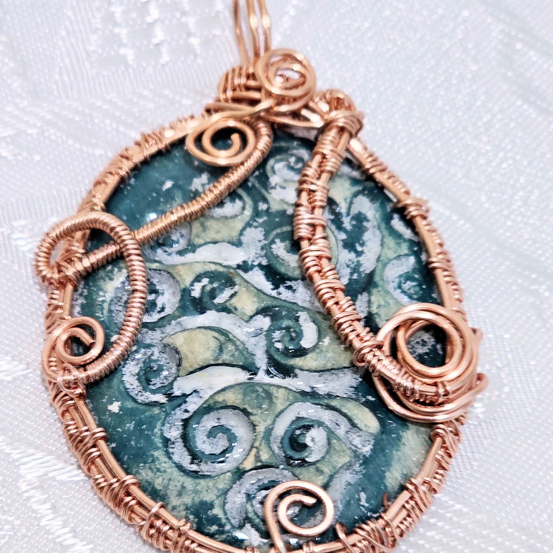 Handmade Ceramic Pendant Wrapped Rose Gold Colour Wire