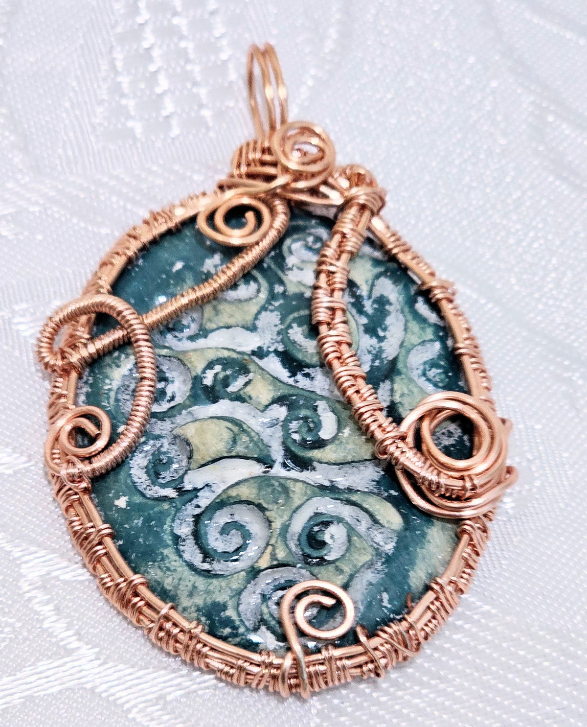 Handmade Ceramic Pendant Wrapped Rose Gold Colour Wire