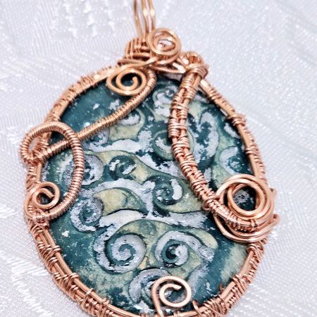 Handmade Ceramic Pendant Wrapped Rose Gold Colour Wire