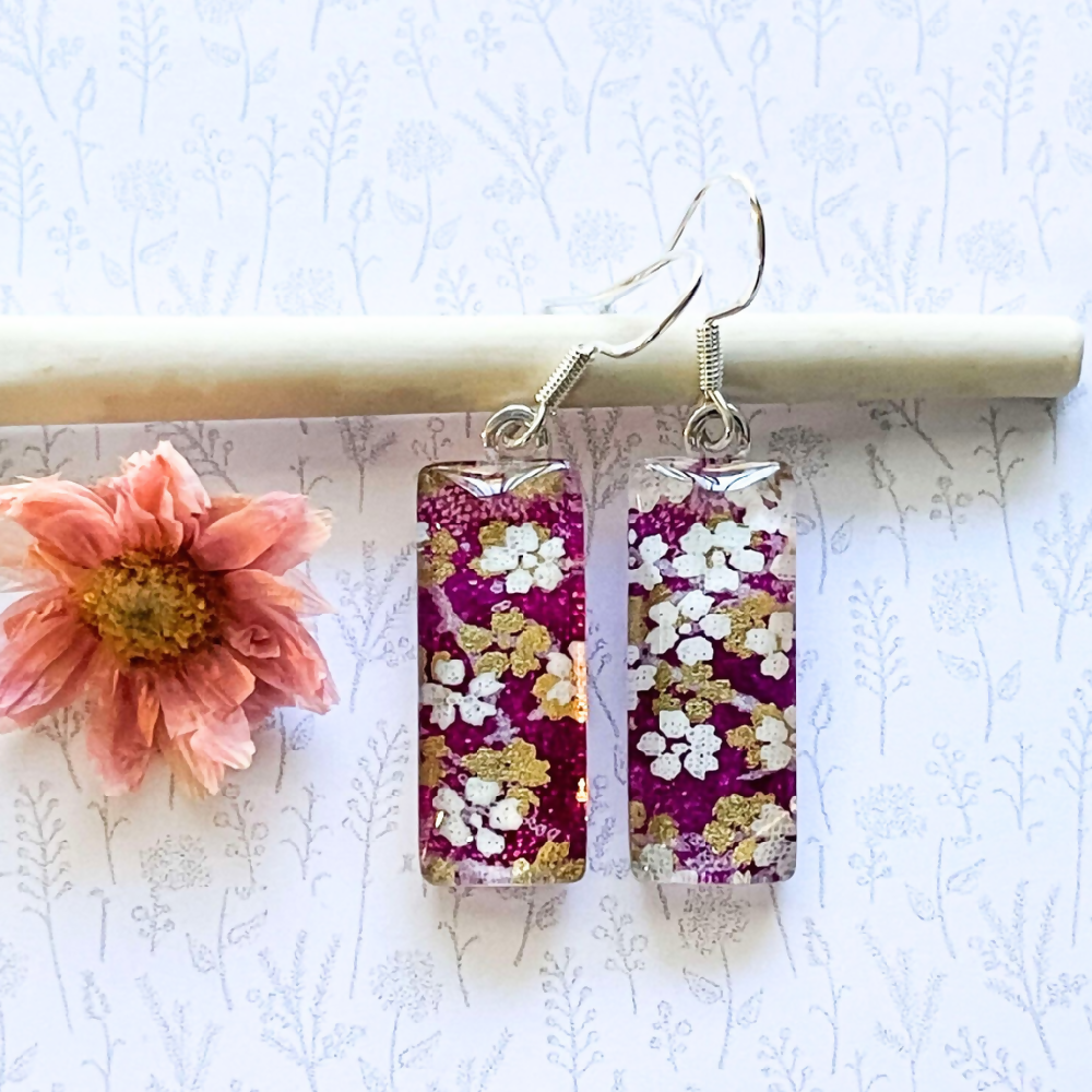 Purple with White Flowers Earrings • Japanese Paper, Resin and Glass