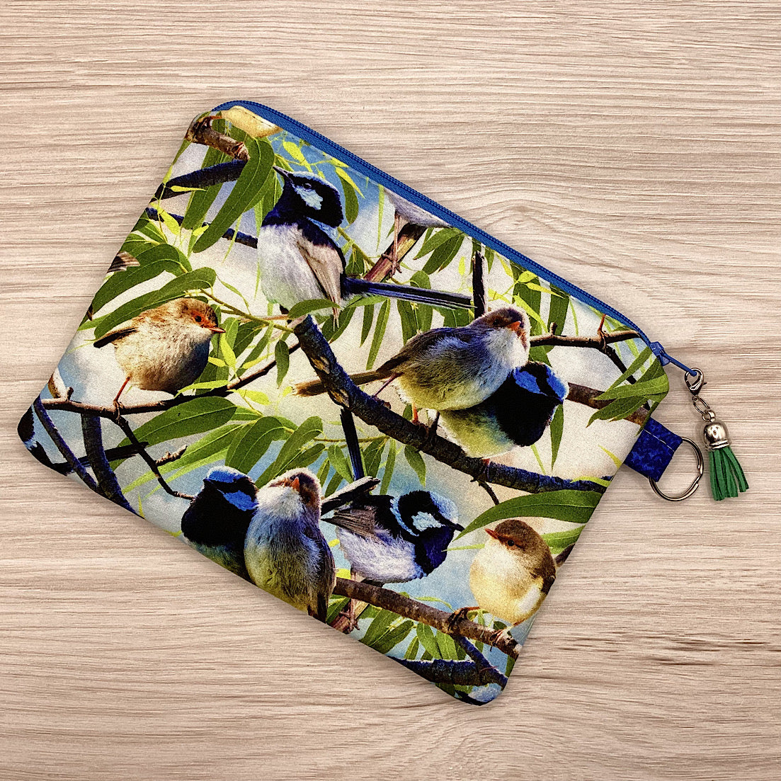 Blue Fairy Wrens Zip Pouch (21cm x 16cm) Fully lined, lightly padded