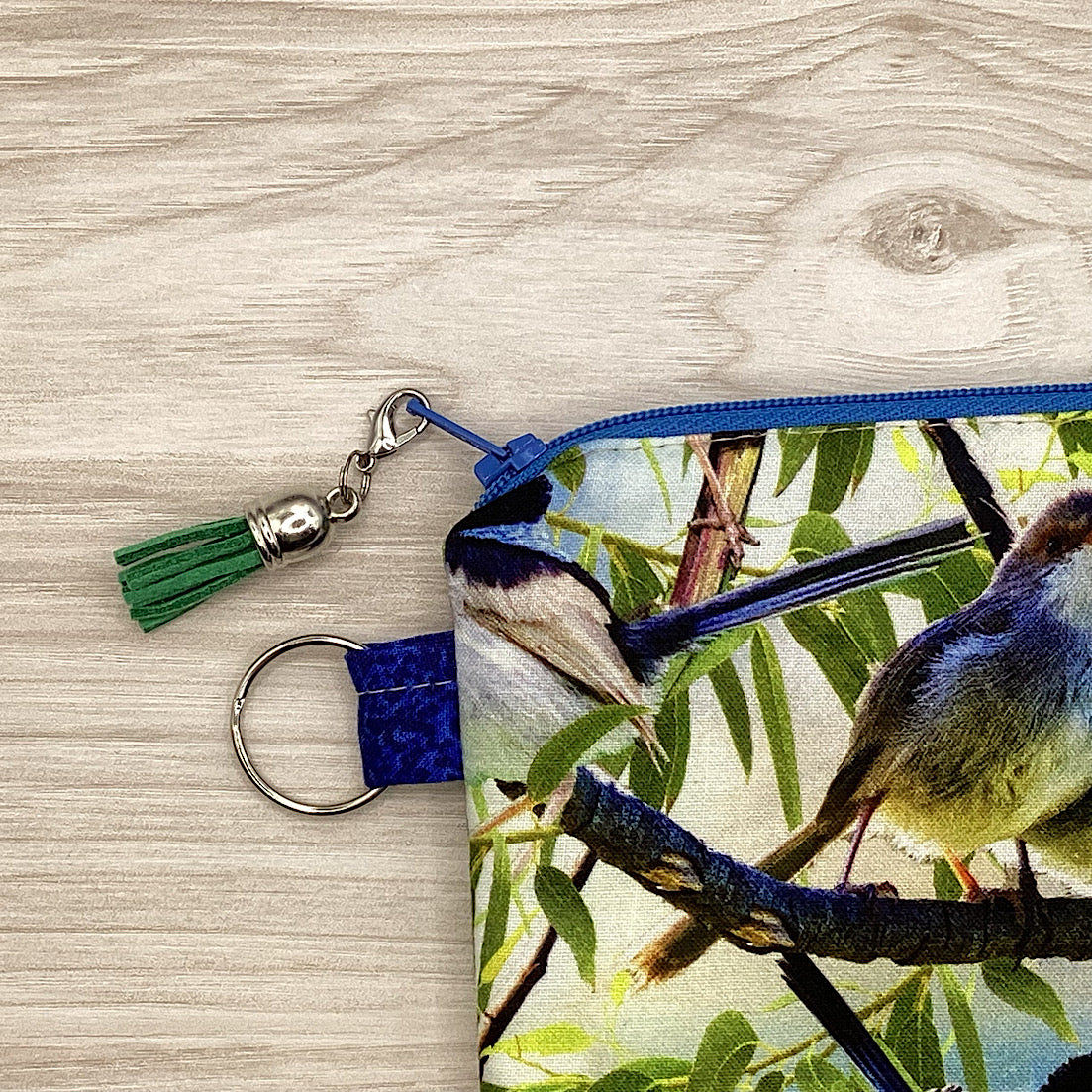 Blue Fairy Wrens Zip Pouch (21cm x 16cm) Fully lined, lightly padded
