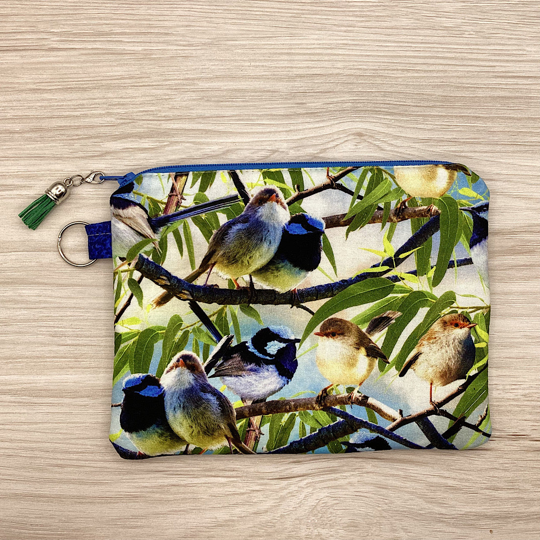 Blue Fairy Wrens Zip Pouch (21cm x 16cm) Fully lined, lightly padded