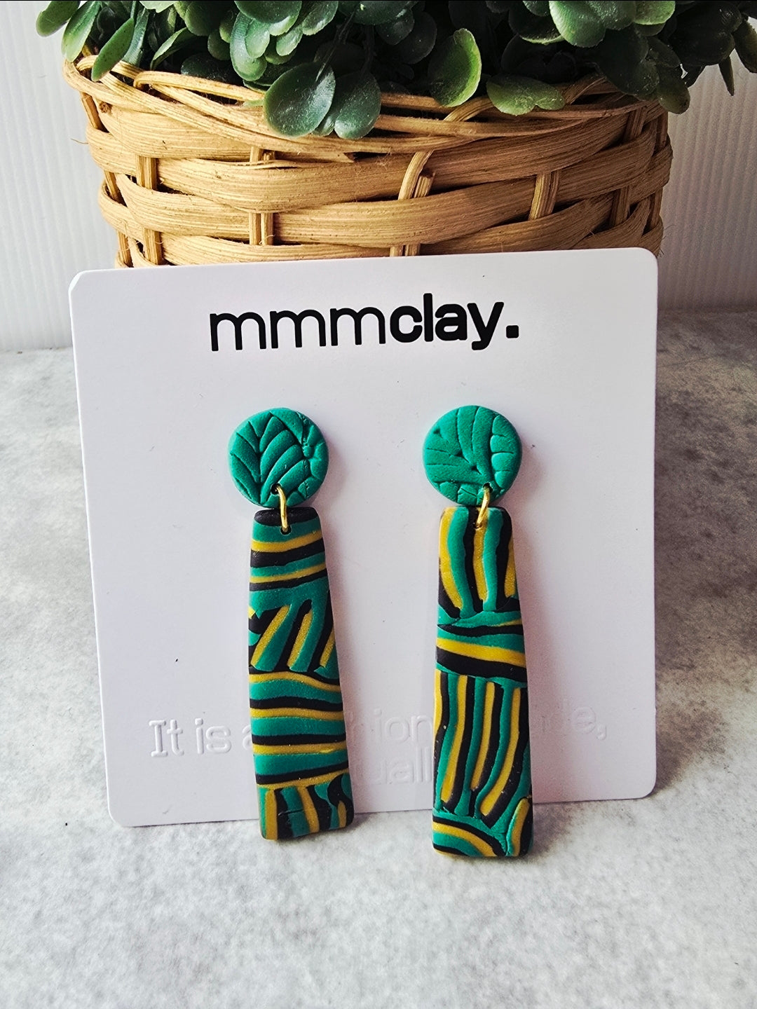 Black and Green Striped Polymer Clay Drop Earrings