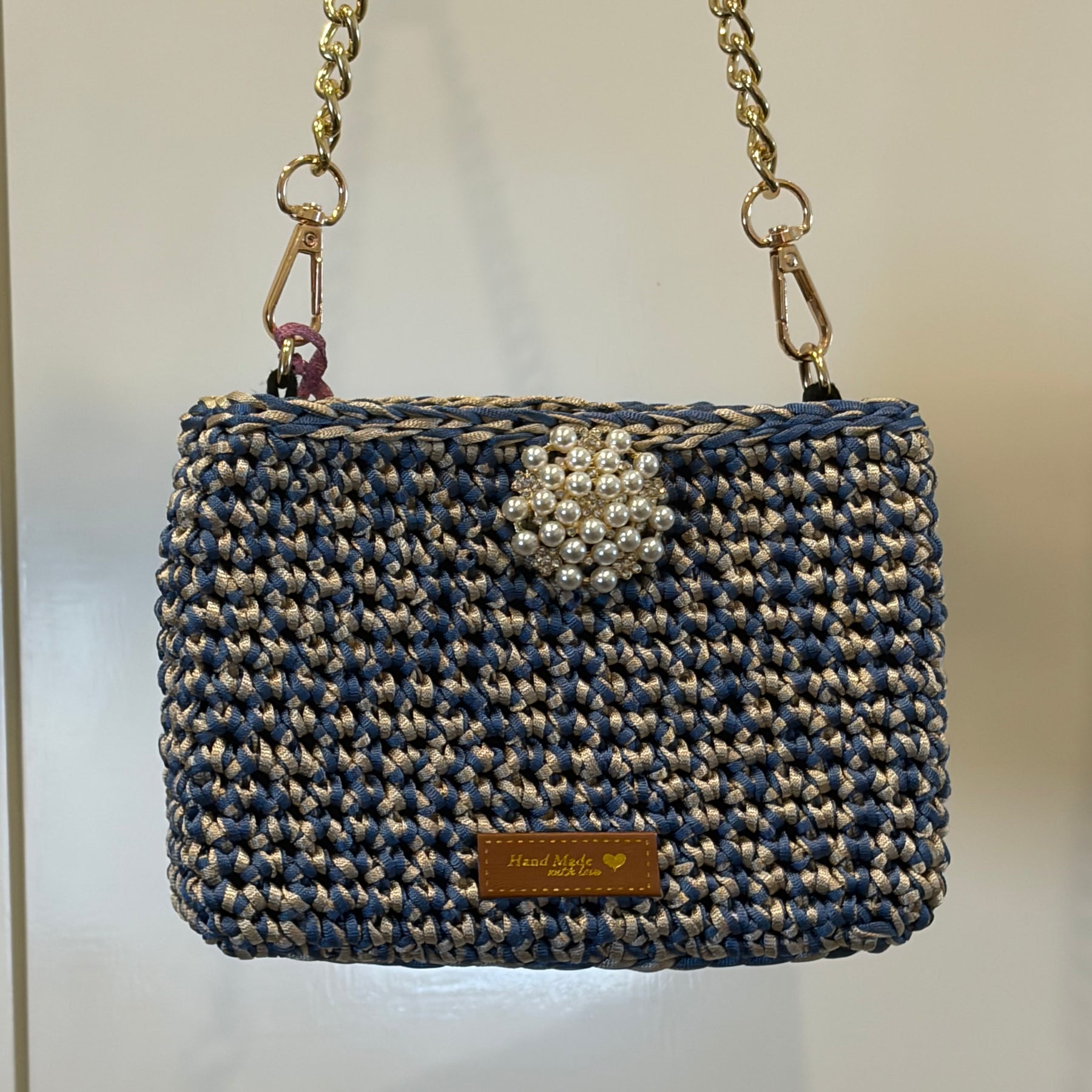 No 10 Mini Me Crochet Shoulder Bag, Blue & Cream