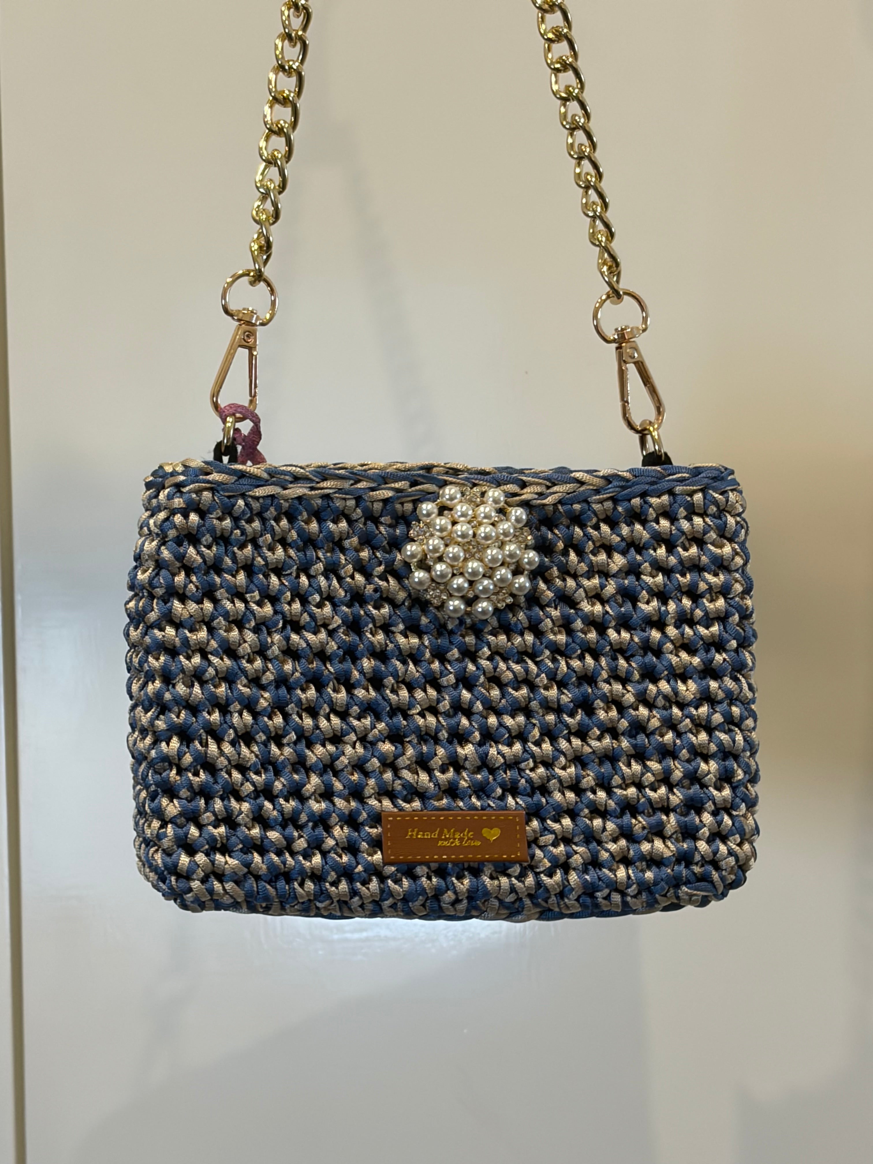 No 10 Mini Me Crochet Shoulder Bag, Blue & Cream