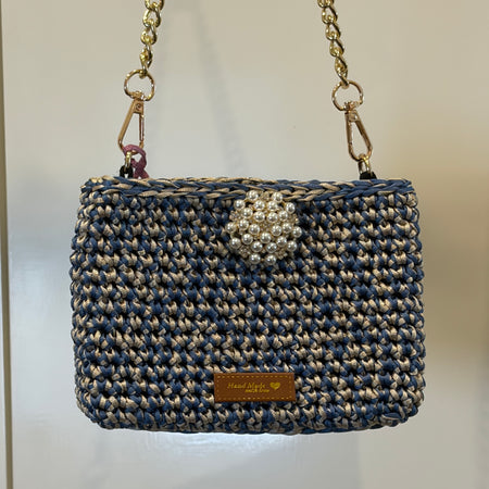 No 10 Mini Me Crochet Shoulder Bag, Blue & Cream