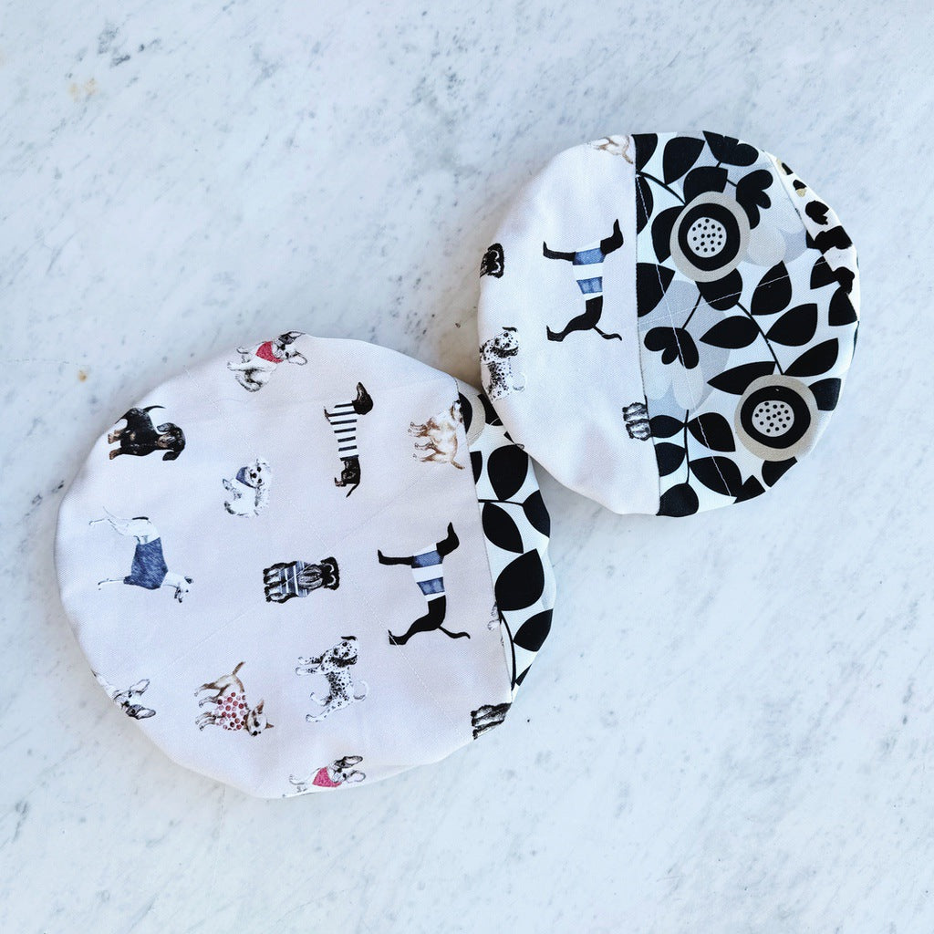 Dog lovers, Black and white reusable fabric bowl covers. Set of two. Proofing cloths.