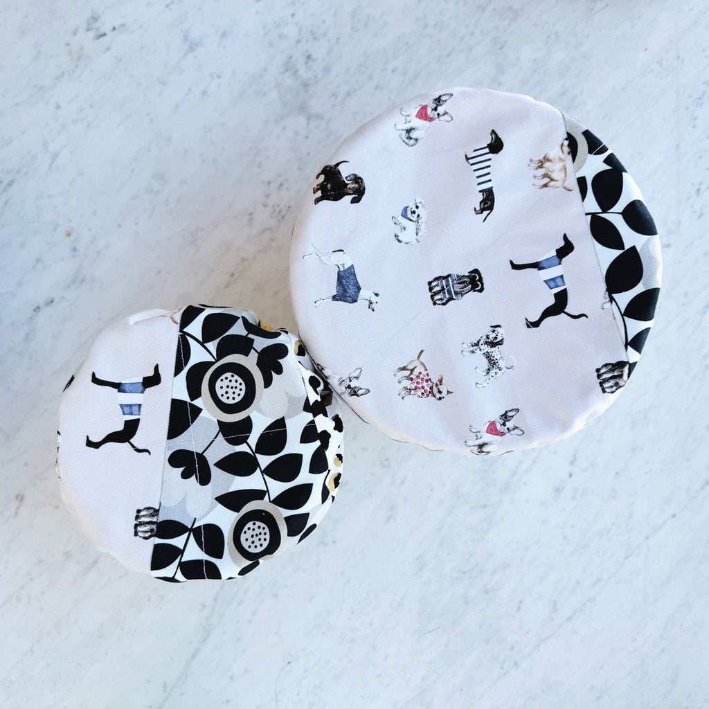 Dog lovers, Black and white reusable fabric bowl covers. Set of two. Proofing cloths.