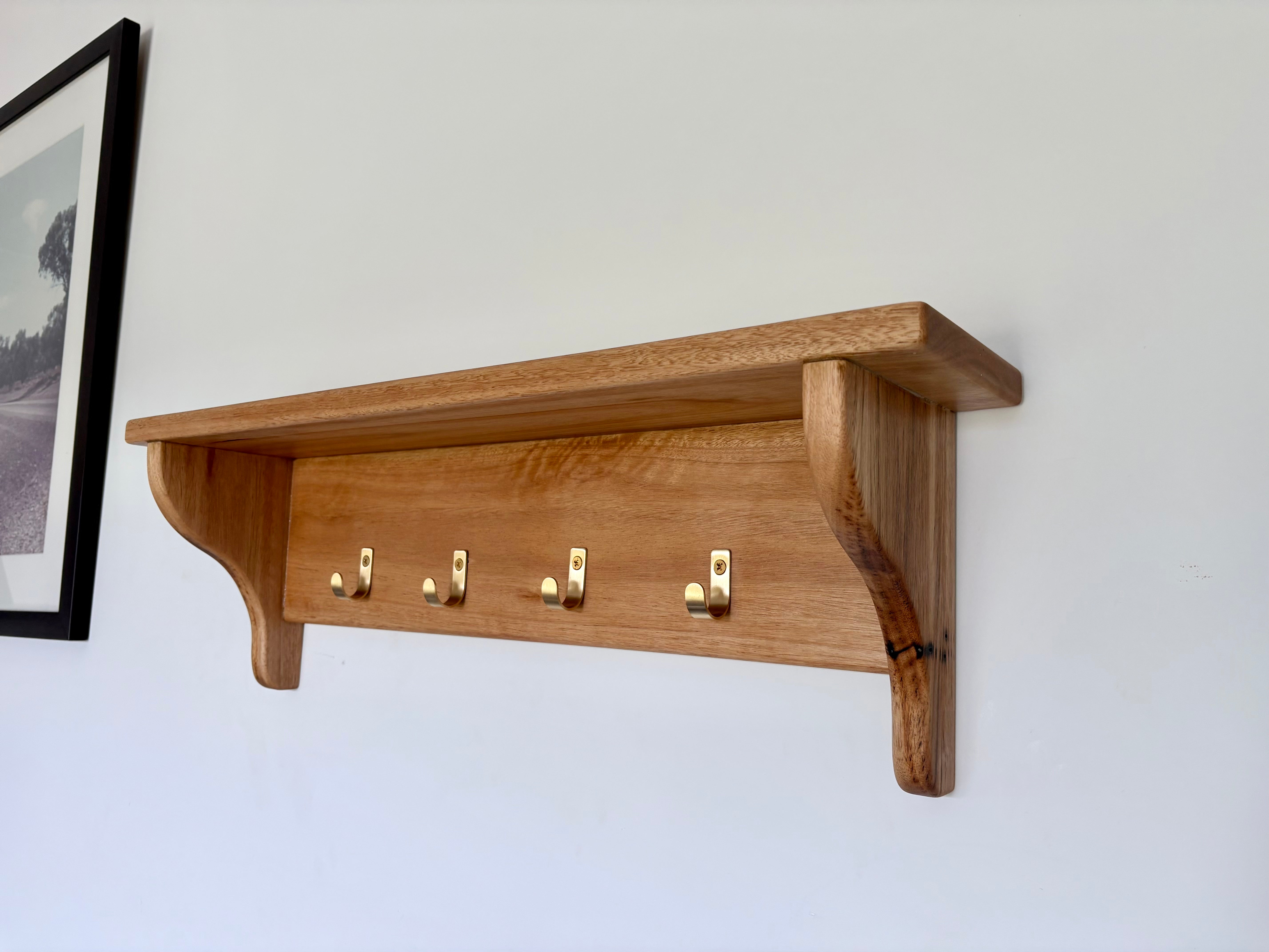 Blackbutt wall shelf with gold hooks