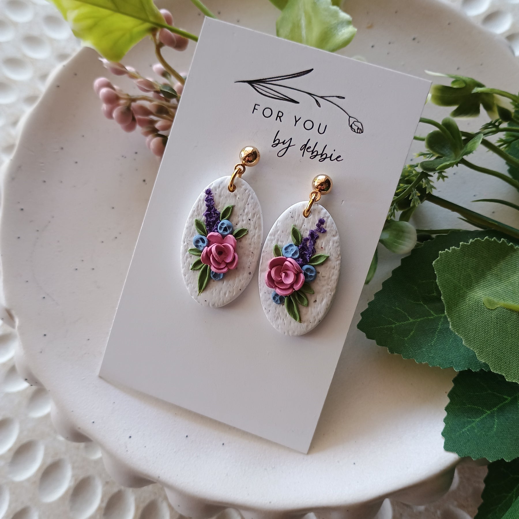 Forever flowers polymer clay dangle earrings- white and rose