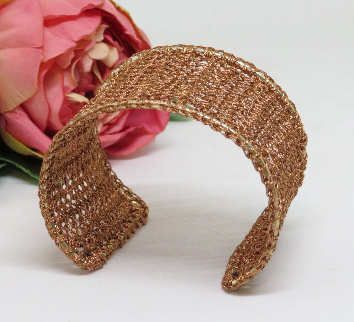 Bespoke Handmade Copper Crochet Shimmer Thread Cuff Bracelet