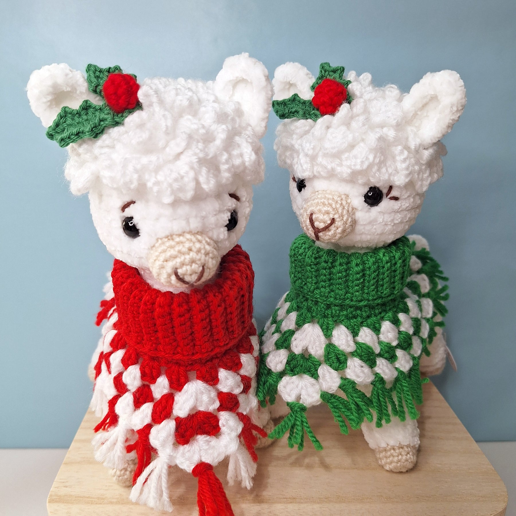 Crocheted Christmas Alpaca wearing a Poncho