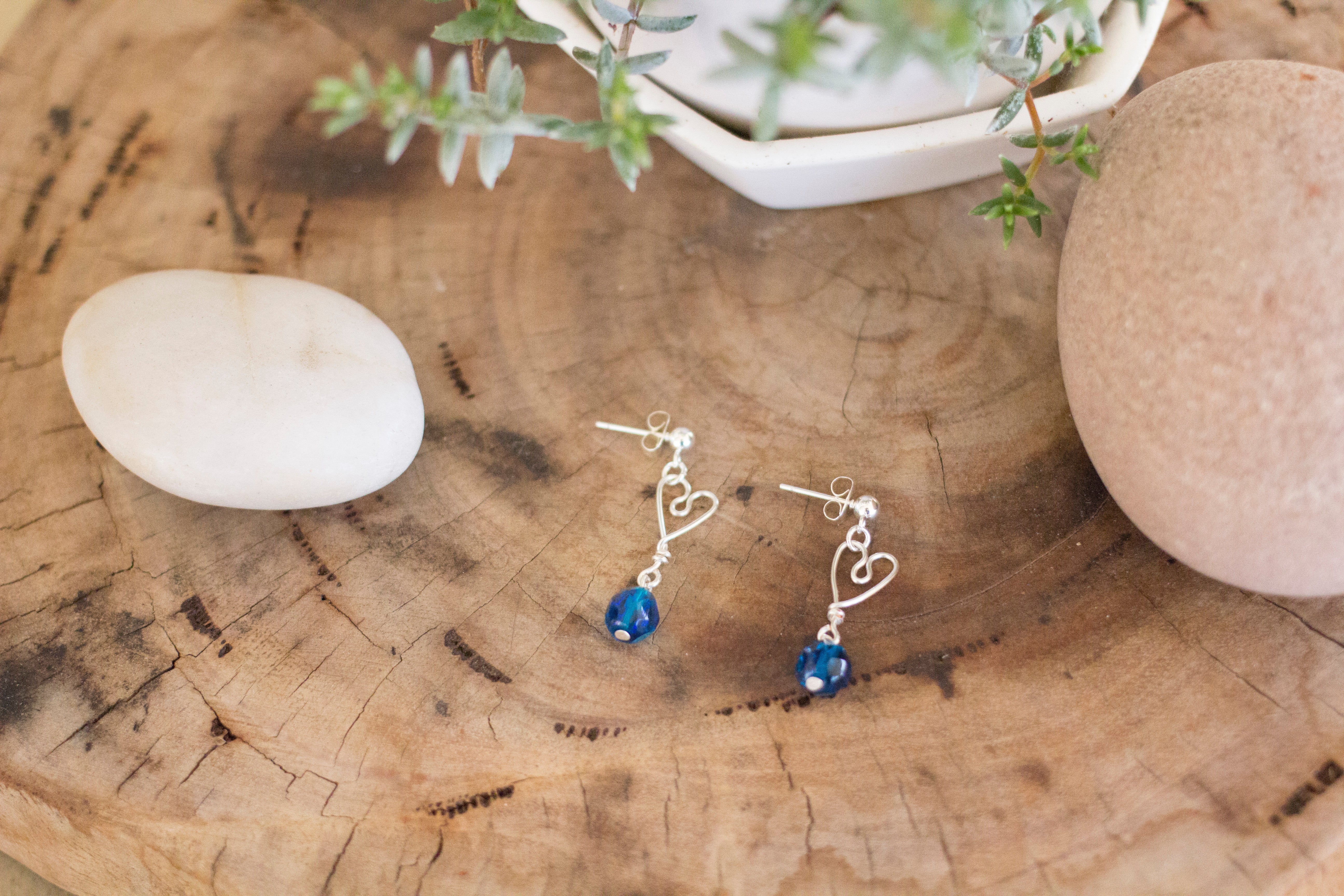 Silver Heart Earrings with Deep Blue AB Faceted Crystals