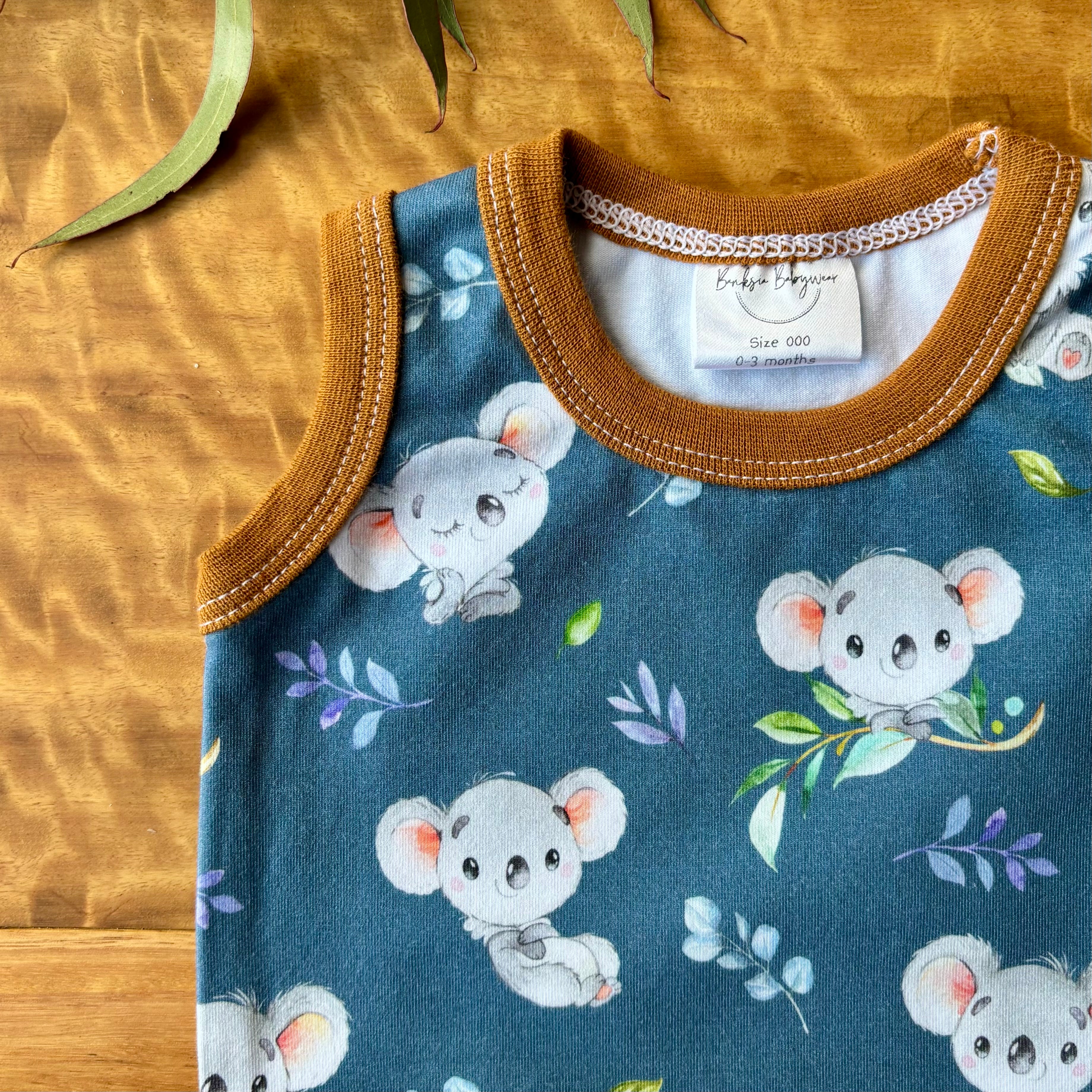 Baby Tank Bodysuit | Happy Koalas | Size premmie to 2 | Made to order