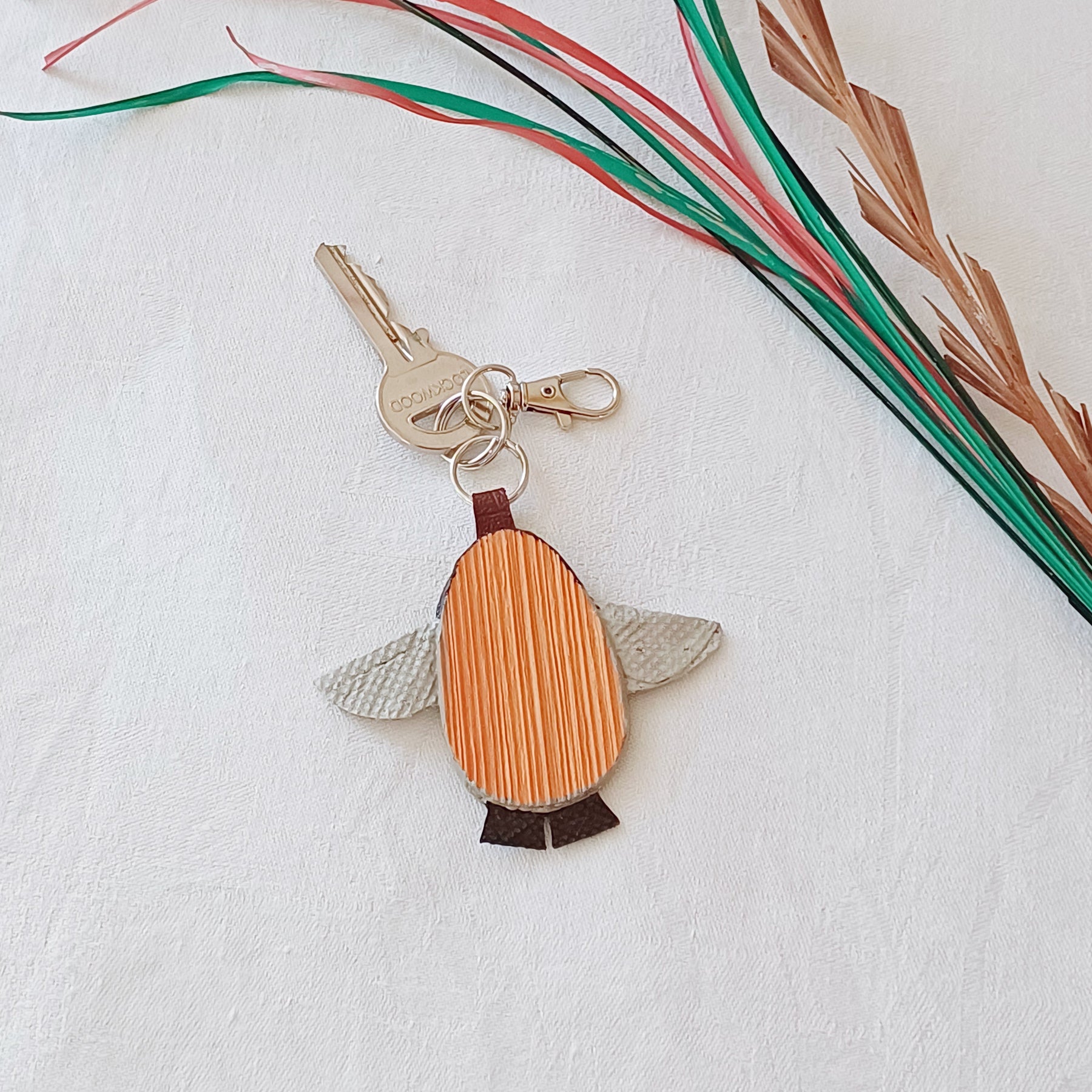 Hand painted Palm Leaf Baby Penguin Keyring Charm