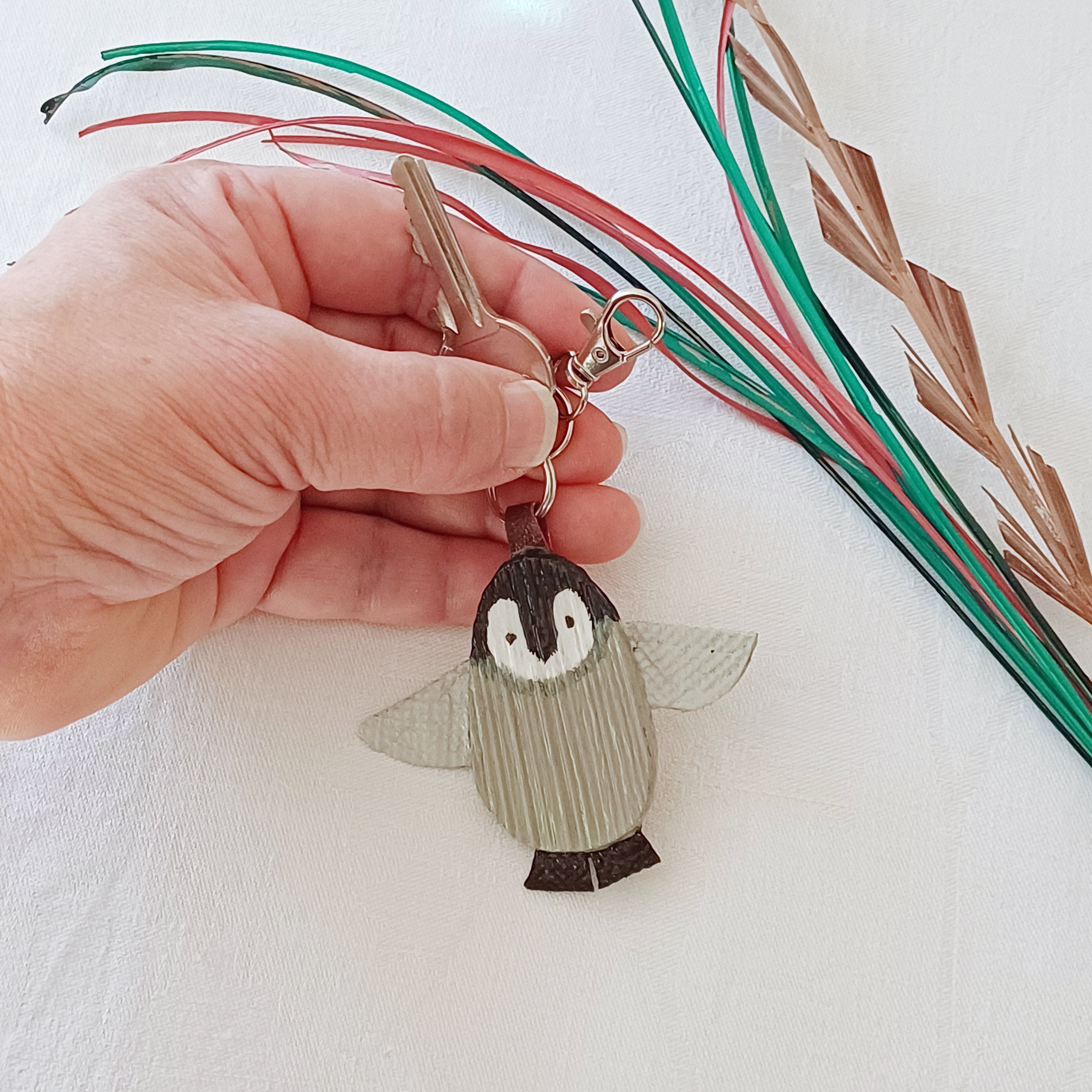 Hand painted Palm Leaf Baby Penguin Keyring Charm