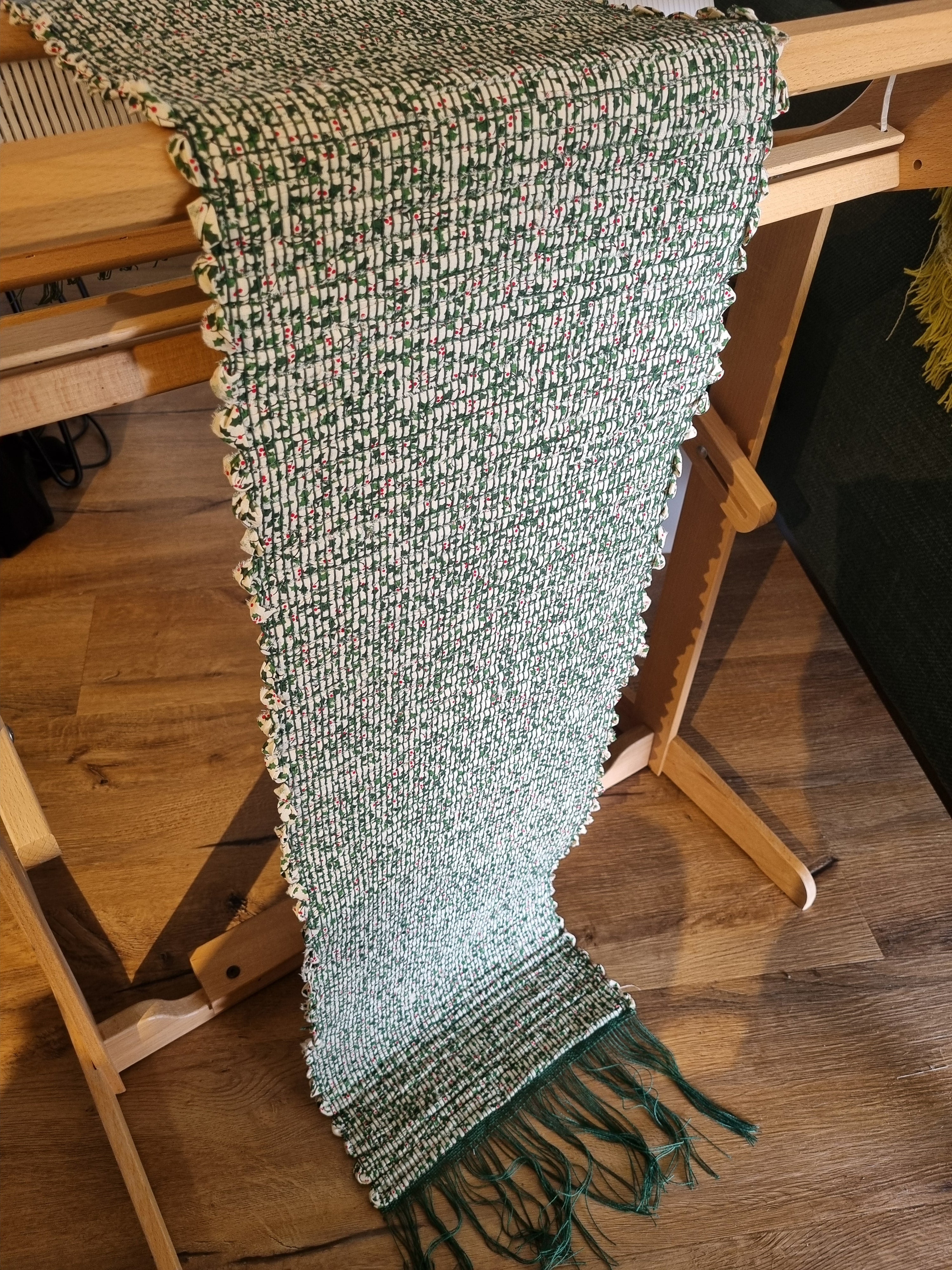 Handwoven Christmas fabric table runner holly print