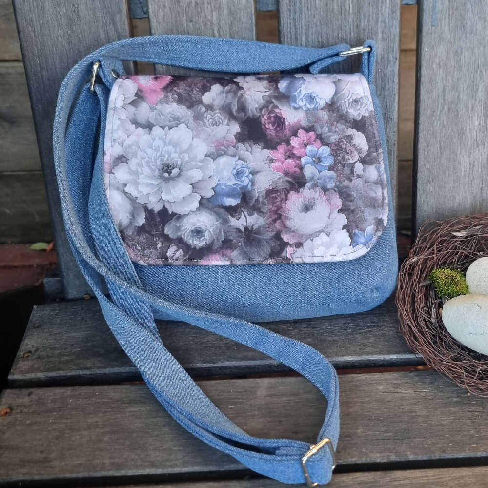 Upcycled mini messenger bag - denim & dusty flowers