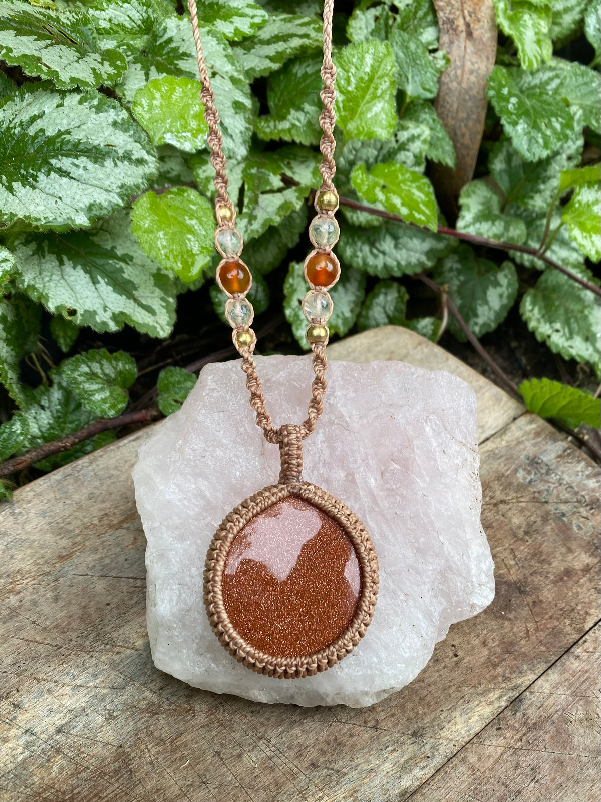 Goldstone Macrame Pendant Necklace, Carnelian Citrine Boho Style,