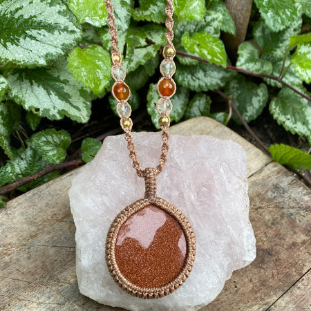 Goldstone Macrame Pendant Necklace, Carnelian Citrine Boho Style,
