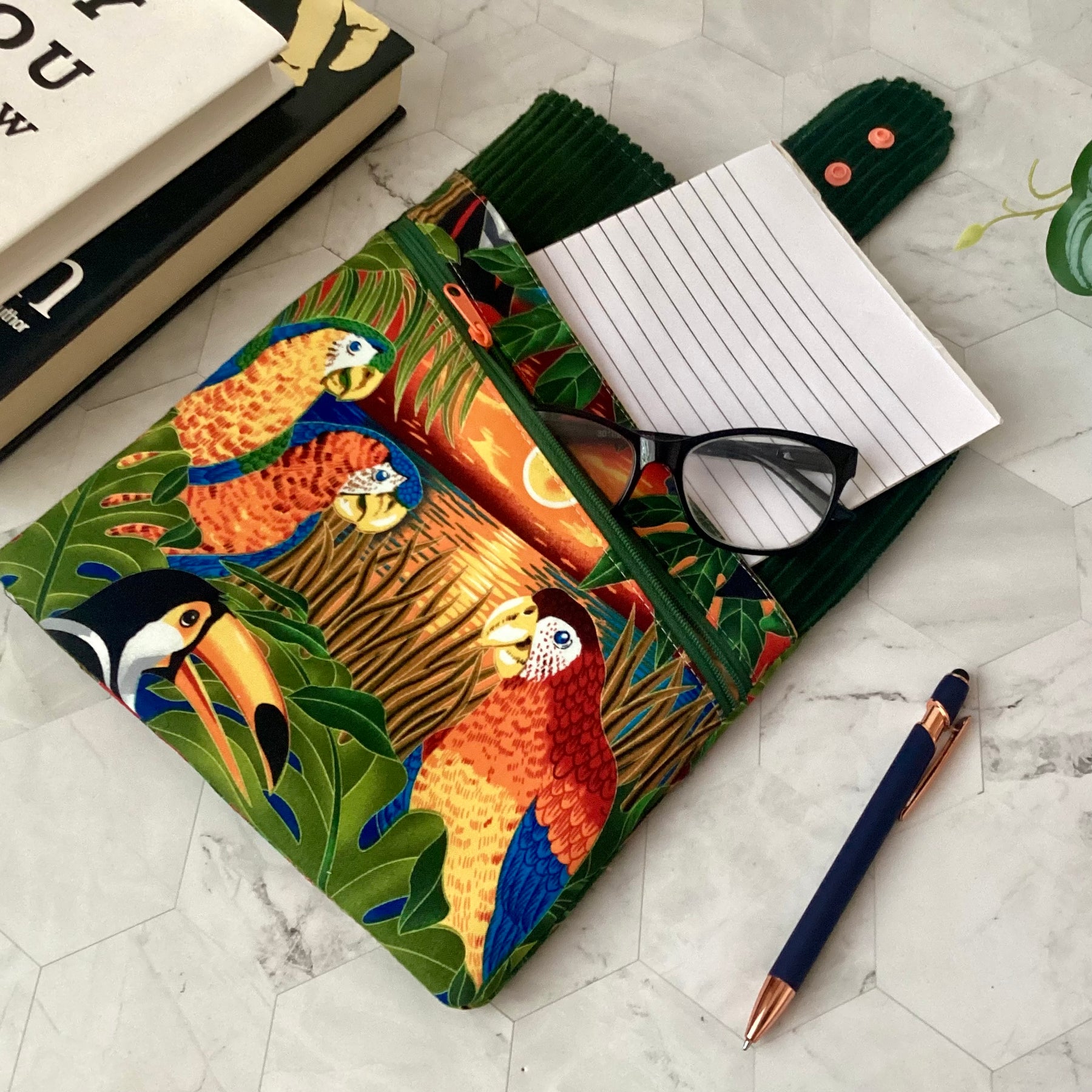 Parrots and Toucan fabric book sleeve with 2 pockets. iPad, tablet pouch