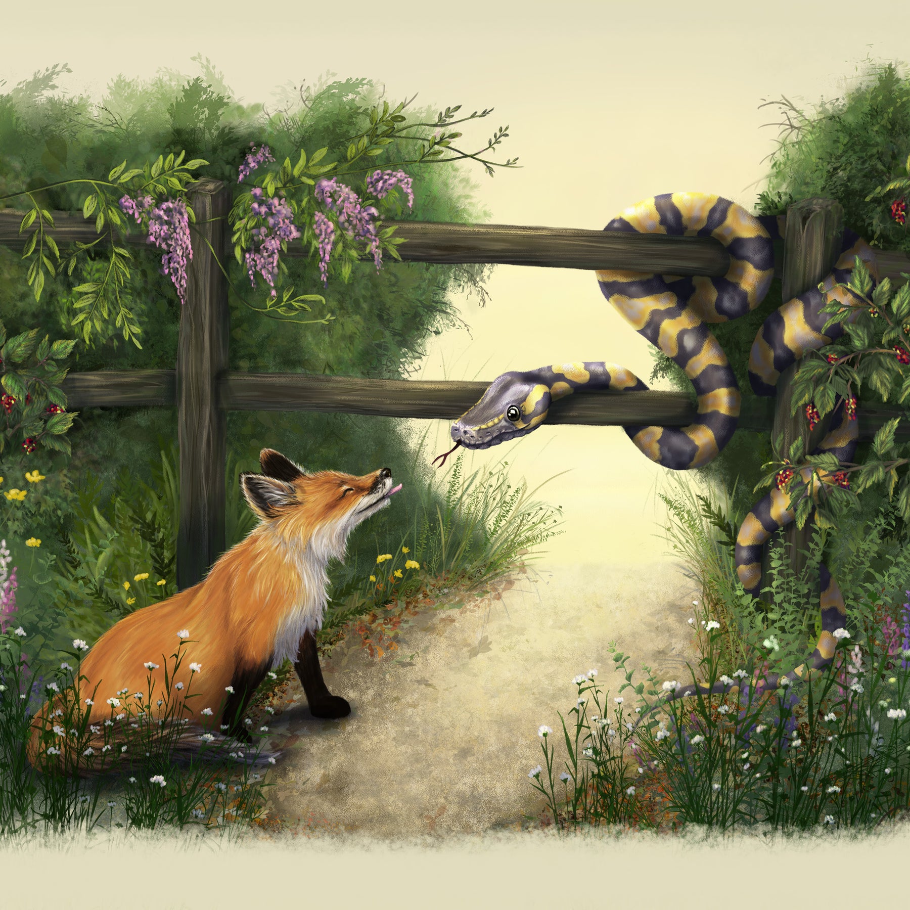The Fox and the Snake | Storybook Illustration | Wall Art